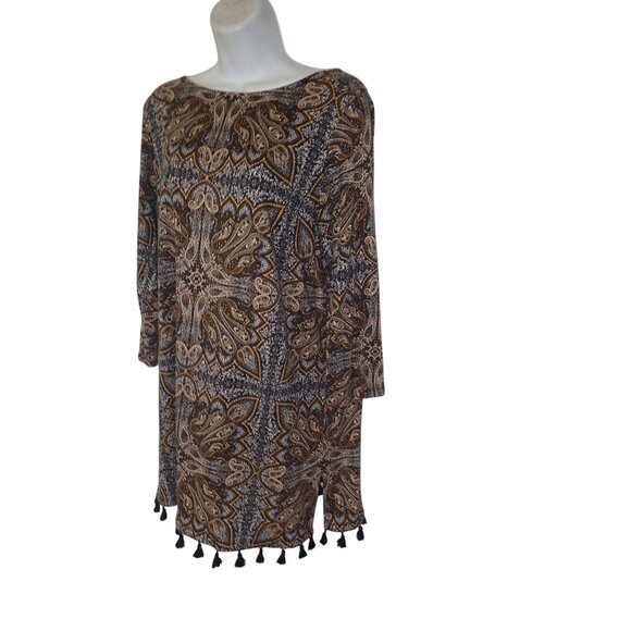 J Jill Women Brown Paisley Black Tassel Hem 3/4 Sleeve Retro Boho Tunic Top‎ M - Picture 2 of 6
